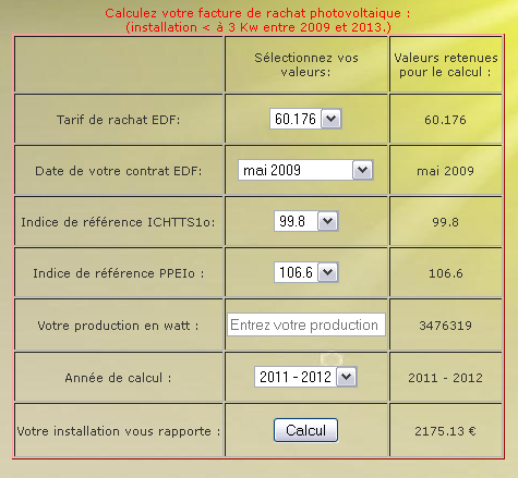 Solartof : Calcul de la facture erdf selon la production photovoltaique et les indices de référence